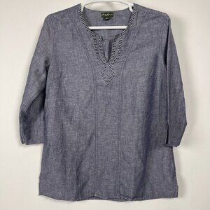 Eddie Bauer Women Linen Cotton Embroidered Split-Neck Blouse XL Tall Gray Casual